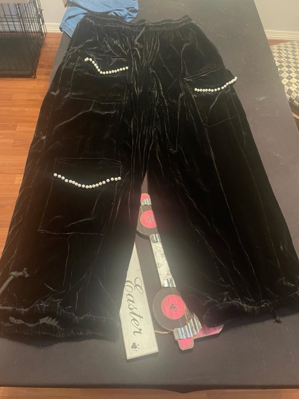 A Rare Bird Black Velvet Wide-Leg Pants with Pearl Trim